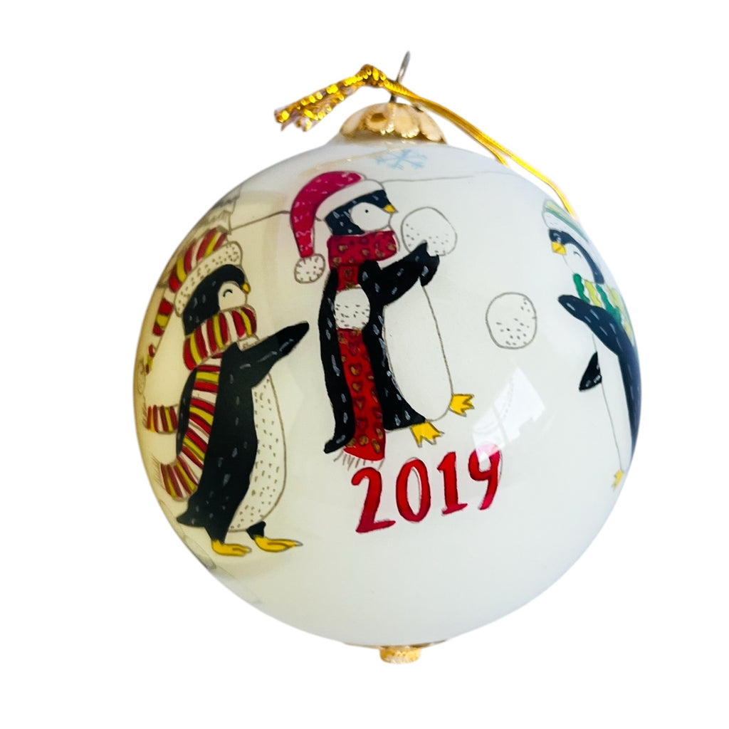 Pier 1 Christmas Hand Painted Glass Merry Christmas Penguin 2019 Ornament