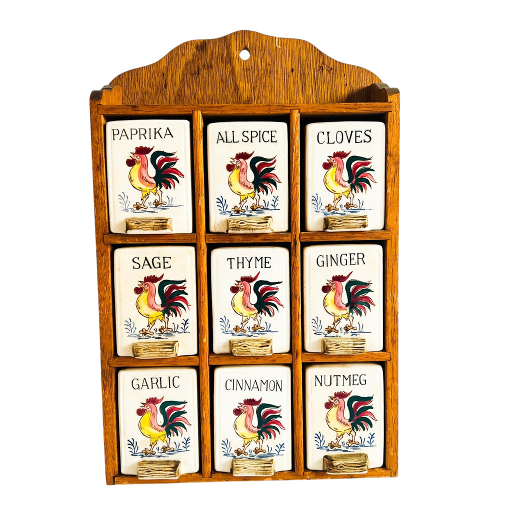 Vintage Fred Roberts Rooster Wooden Ceramic Spice Rack Made in Japan