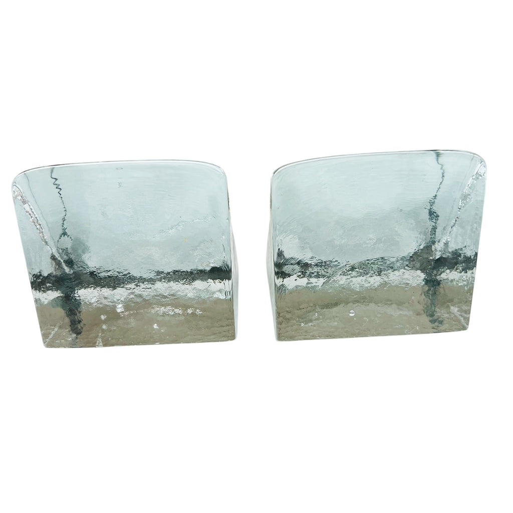 Vintage Blenko Art Glass Ice Block Bookends Heavy Mid Century Modern -Pair