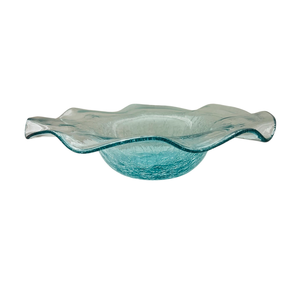Vintage Hand Blown Sky Blue Crackle Ruffled Wavy Top Rim Art Glass Bowl