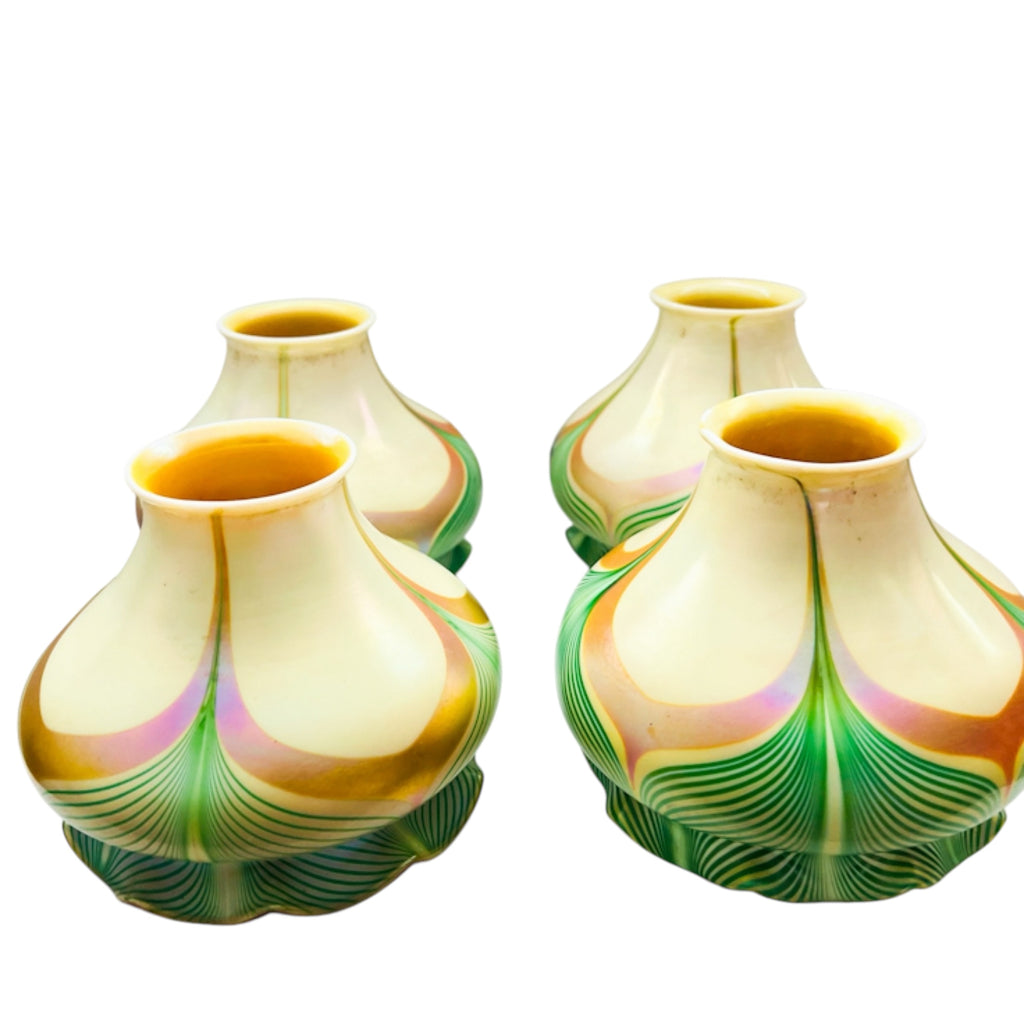 Antique Steuben Decorated Art Glass Shades with Green Feathering Trimmed in Gold Aurene Set of 4
