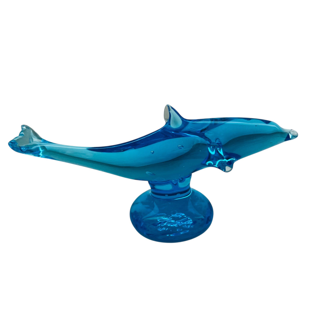 Vintage Ray Ron Blue Art Glass Dolphin Pedestal Figurine