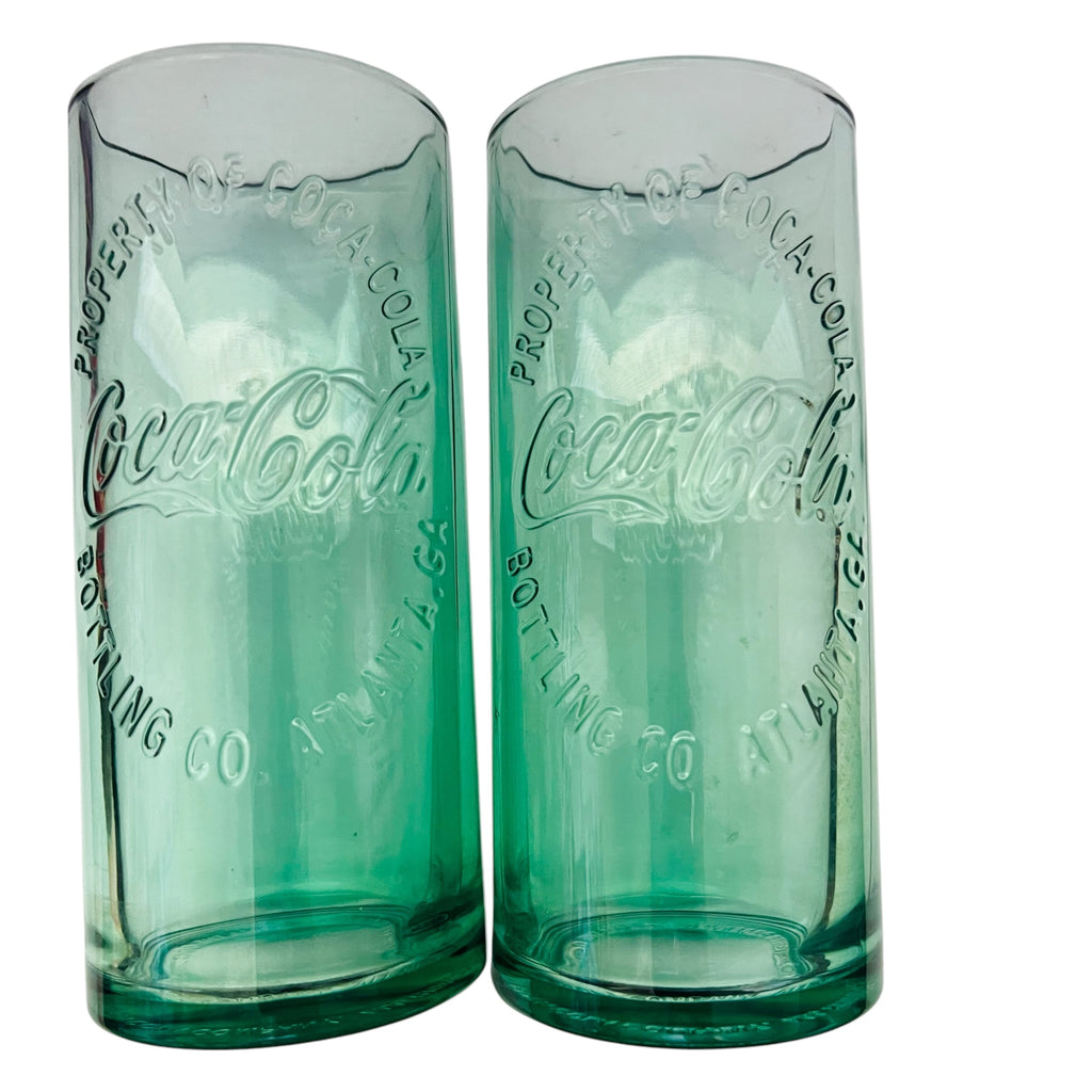 Coca Cola Green Embossed Glass Tumblers - Pair