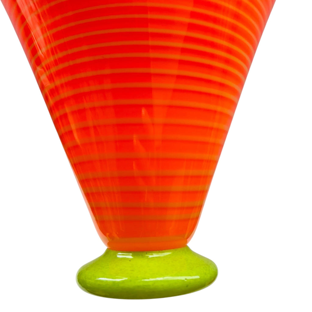 Mid‑Century Modern Lime Green Rim Orange Art Glass Signed Vase
