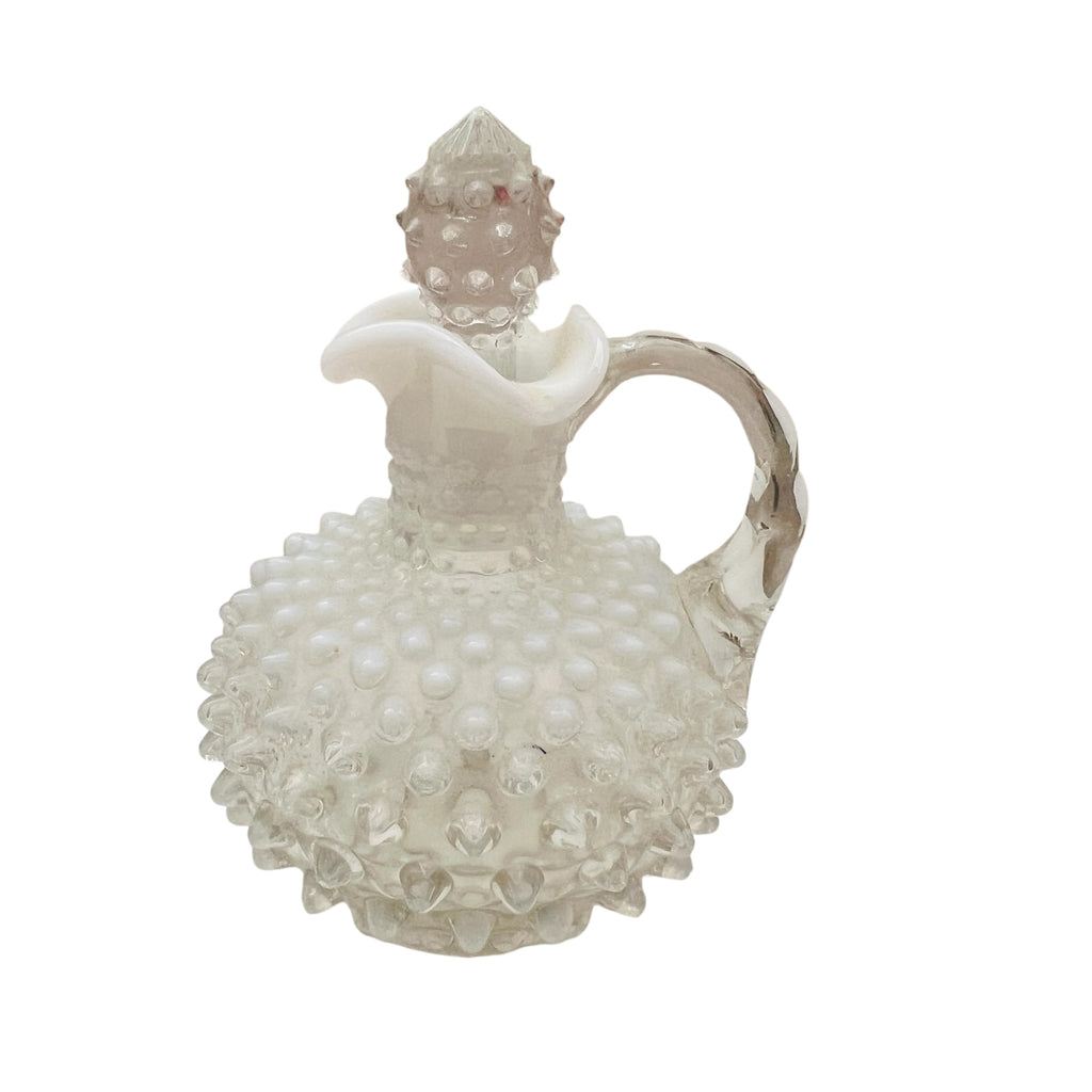 Vintage Fenton Glass Hobnail White Opalescent Clear Handle Cruet