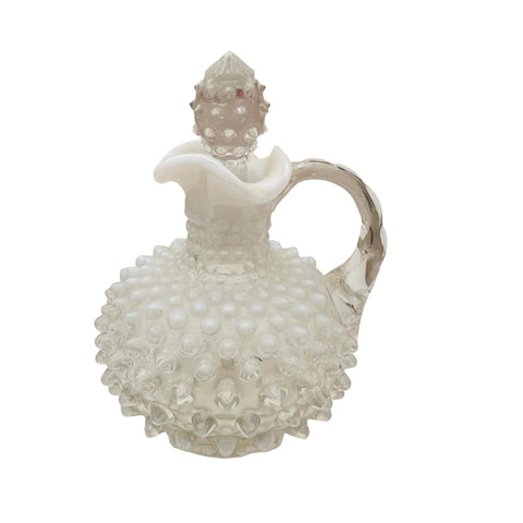 Vintage Fenton Glass Hobnail White Opalescent Clear Handle Cruet