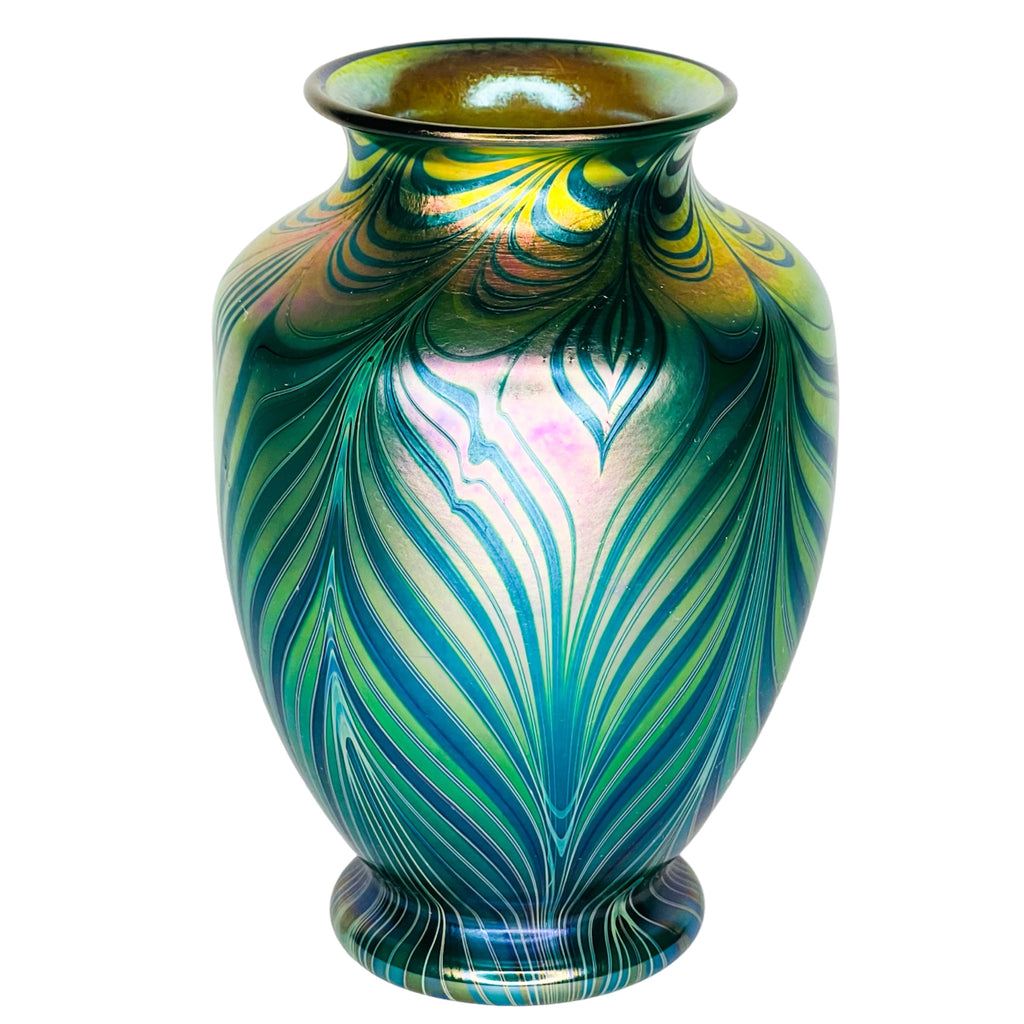Orient & Flume Art Glass Green & Gold “Iriscenet" Combed Feather Pattern Vase