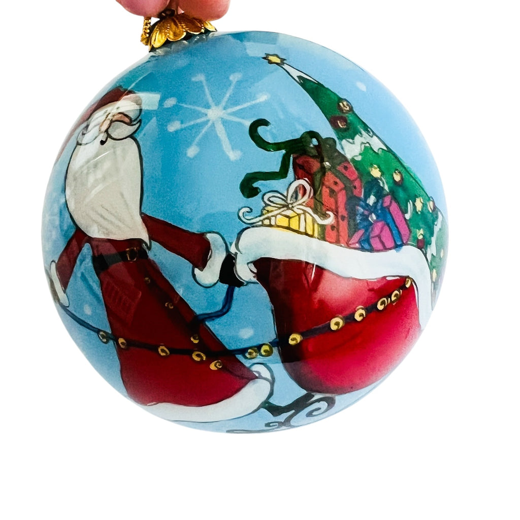 Pier 1 Christmas Hand Painted Glass Santa Sleigh Snowman Trees 2016 Ornament