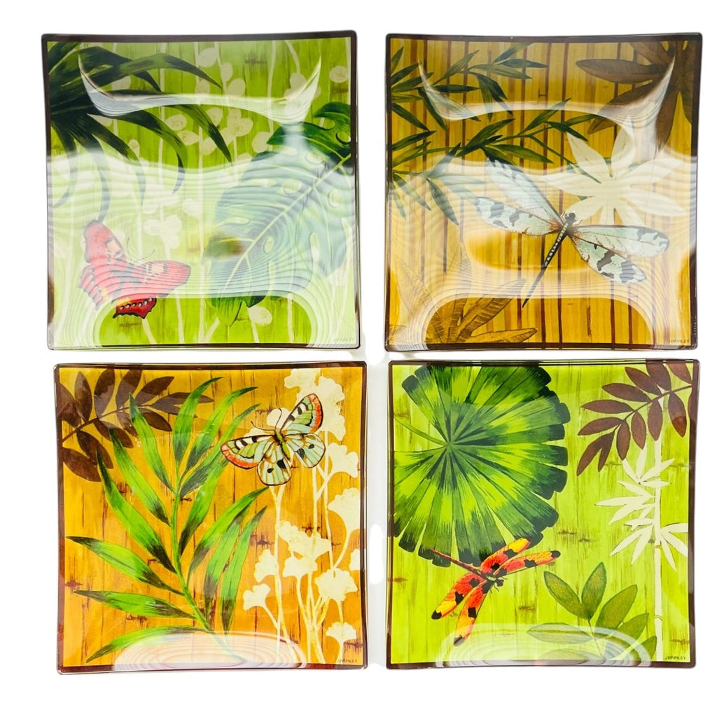 Vintage J Brinley Botanical Art Glass Hot Plate Tiles