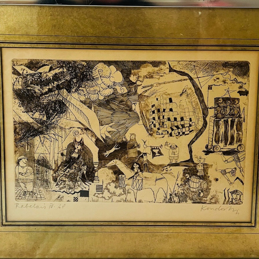 Lajos Kondor "Rabelais IV" Signed Original Etching Glass Framed