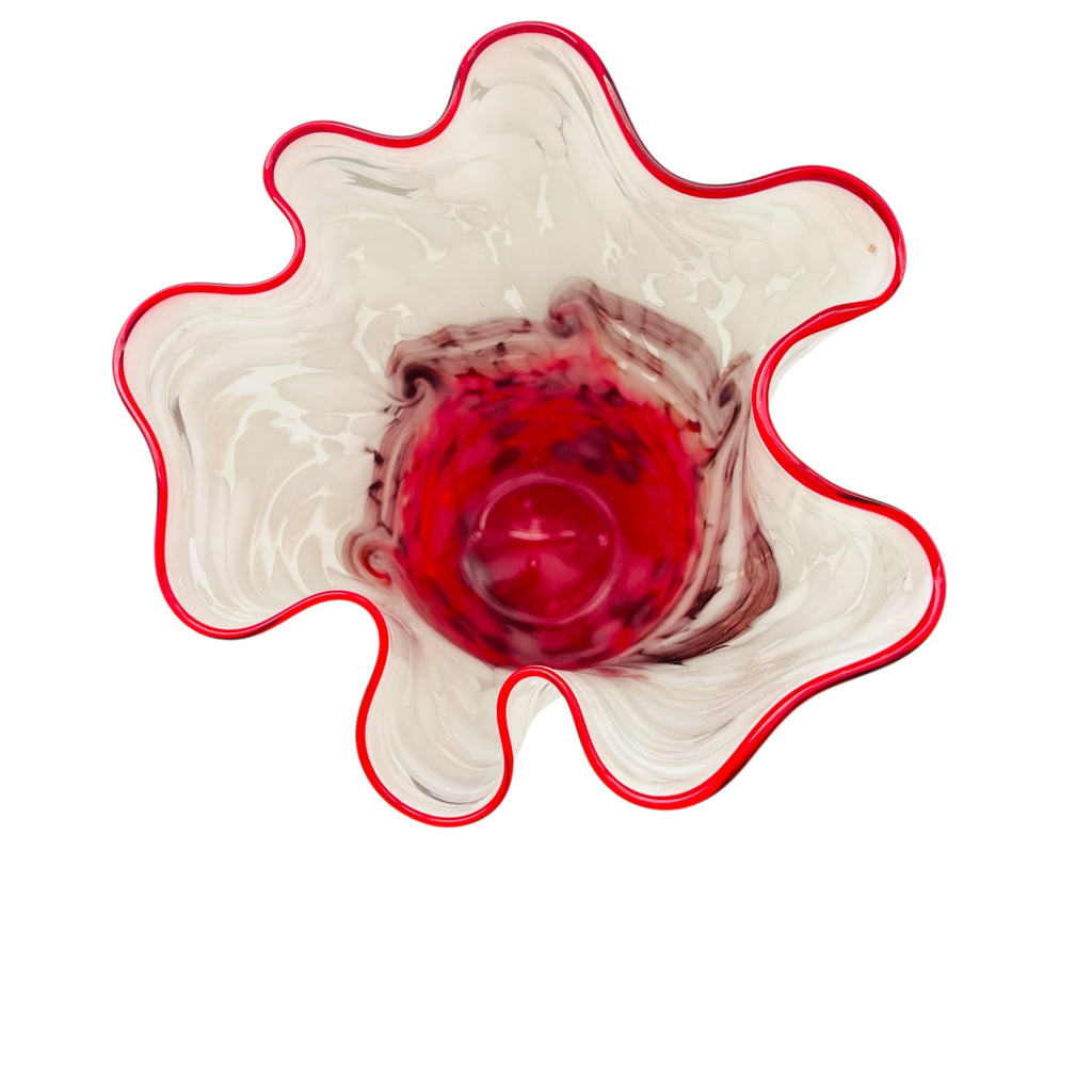 Vintage Art Red Glass Red and White Gold Swirled Ruffle Vase