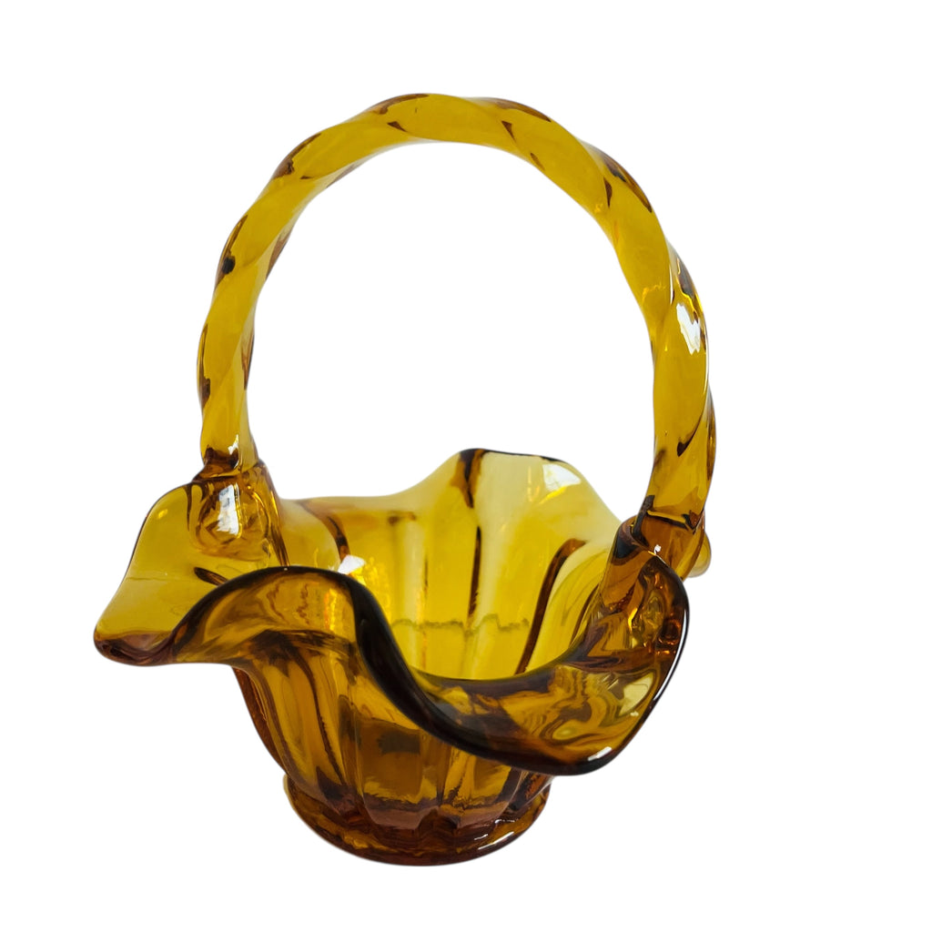 Vintage Fenton Art Glass Autumn Gold Crimped and Ribbed Basket