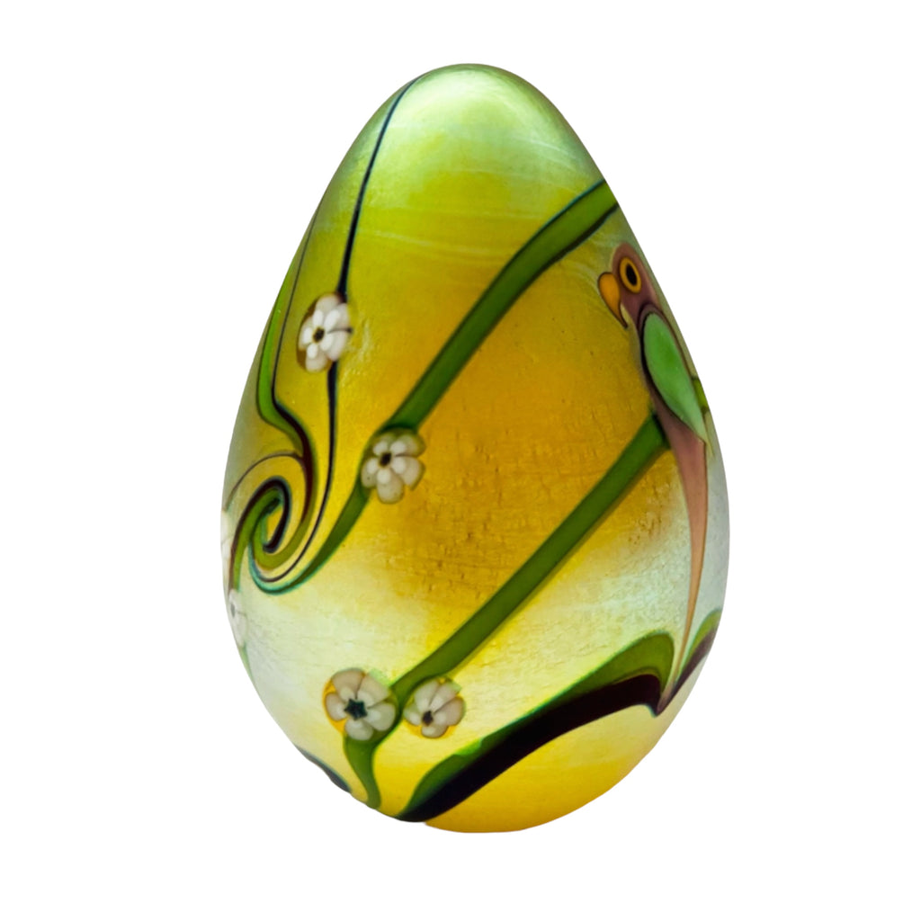 Orient & Flume Bird & Flowers Egg Shape Gold Art Glass Signed Paperweight