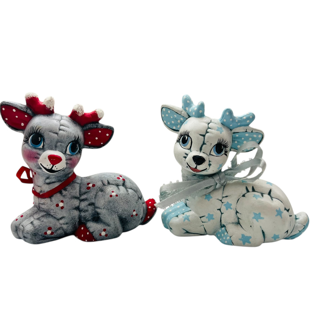 Vintage Kimple Ceramic Holiday Christmas Quilted Reindeer Figurines