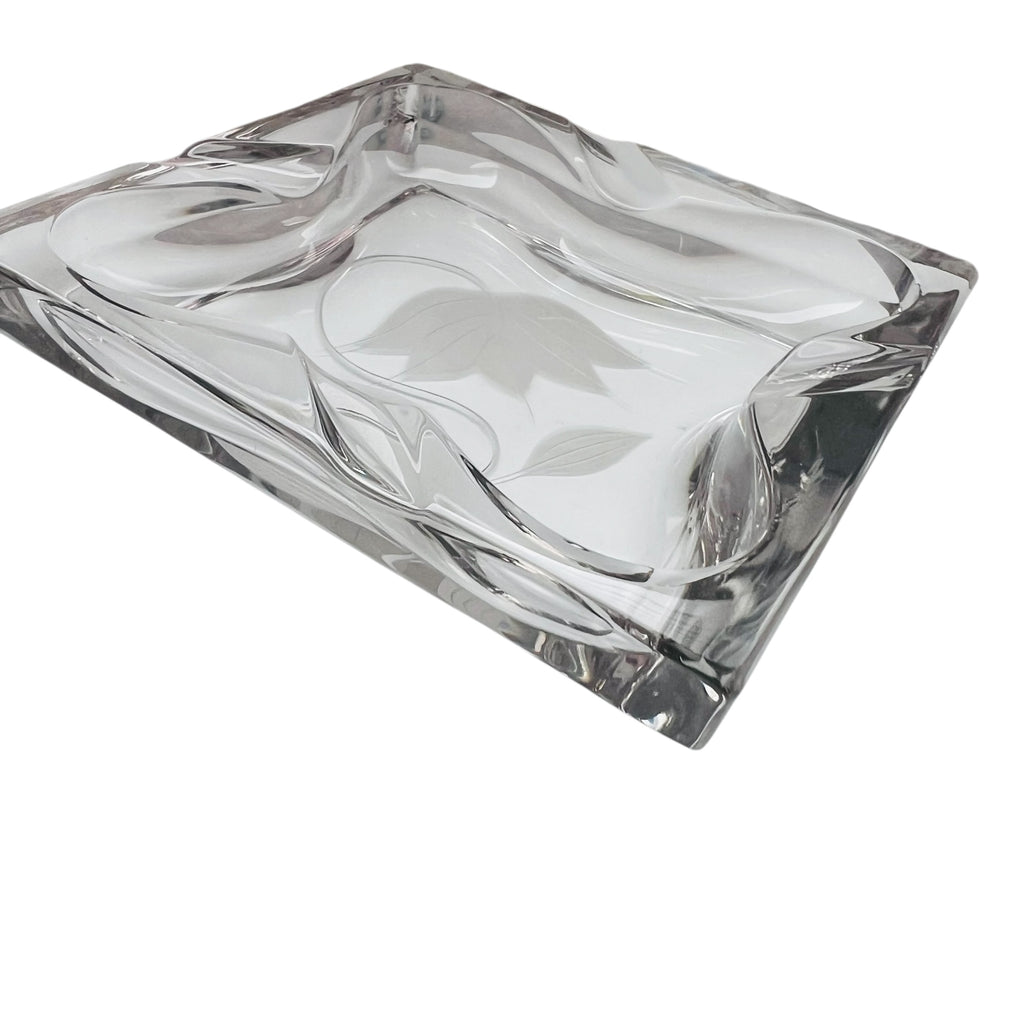 Vintage Clear Thick Glass Ashtray with Etched Flower