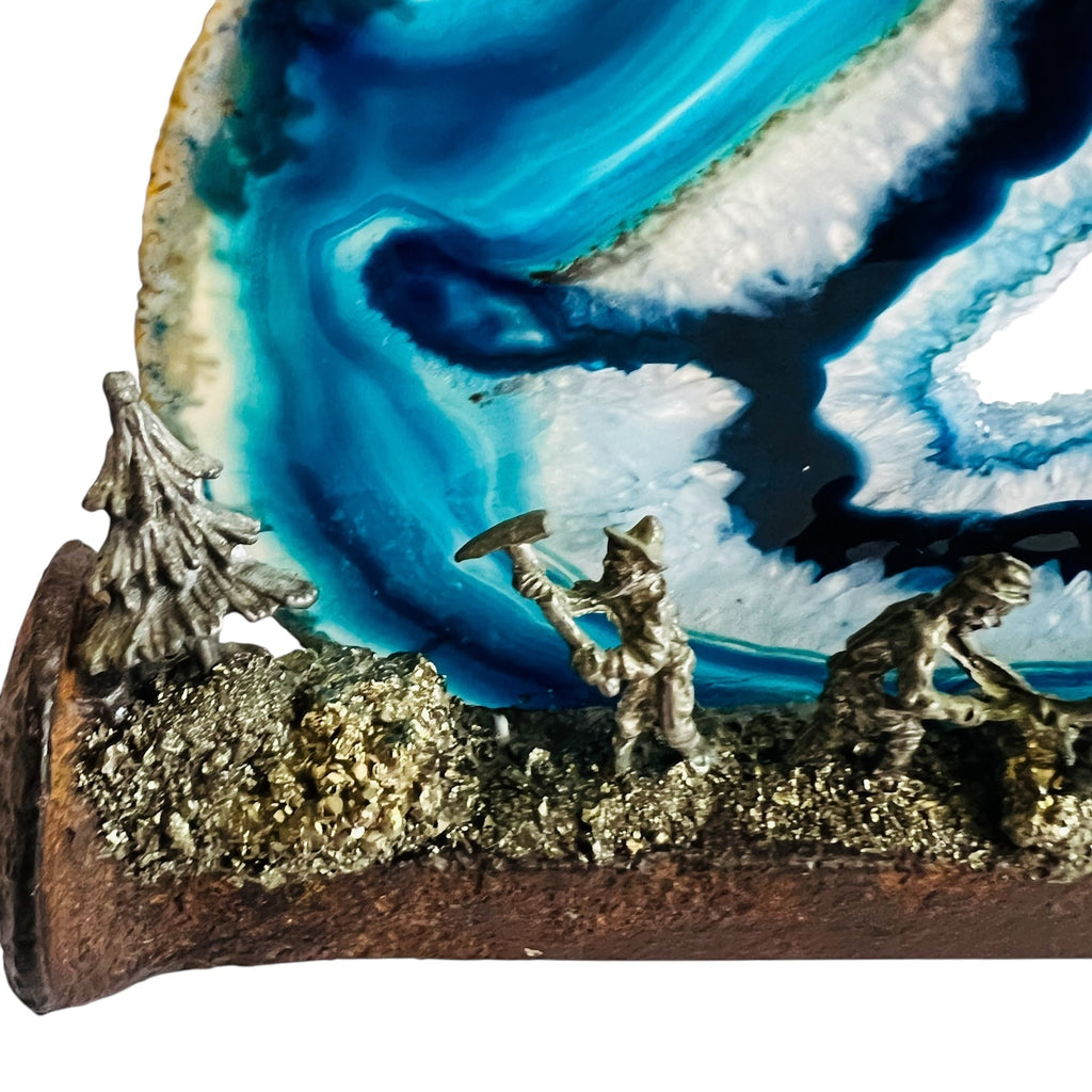 Vintage Blue Agate Pewter Detailed Rustic Nail Pewter Miner Prospector Scene
