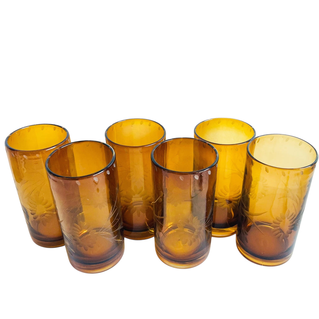 Vintage Bobby Flay Highball Etched Amber Glass Tumbler Set of 6