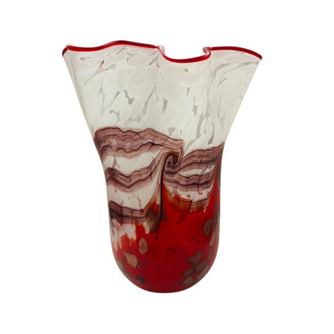 Vintage Art Red Glass Red and White Gold Swirled Ruffle Vase