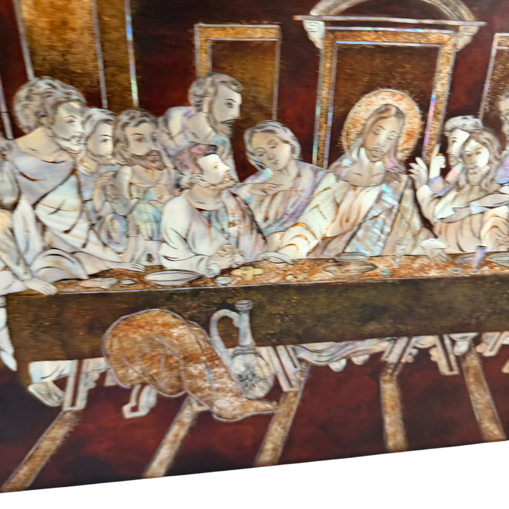 Vintage Mid Century Mother of Pearl Inlaid Jesus Last Supper Resin Plaque Wall