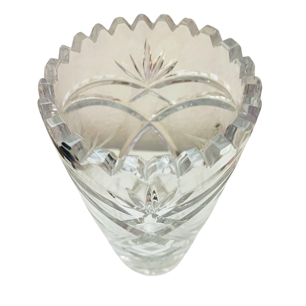 Vintage Lead Crystal Etched Grapes Saw Tooth Edge Vase