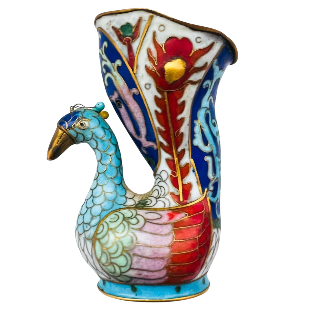 Vintage Cloisonne Copper Enamel Peacock Figurine Vase