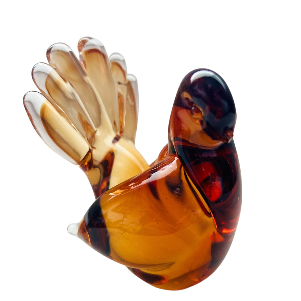 Vintage Art Glass Amber Orange Feather Bird