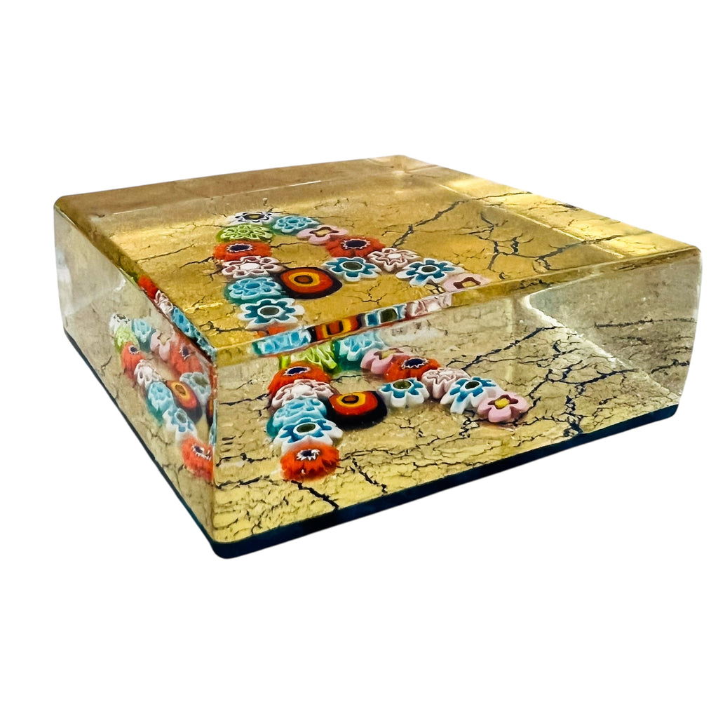 Murano Millefiori “Letter A” Square Gold Glass Paperweight