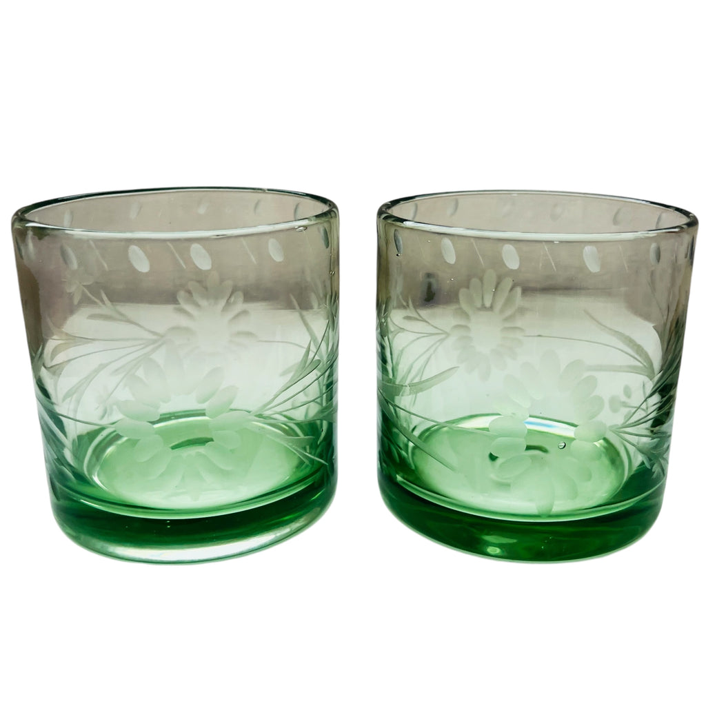 Bobby Flay Etched Green Double Old Fashioned Glassware Glasses