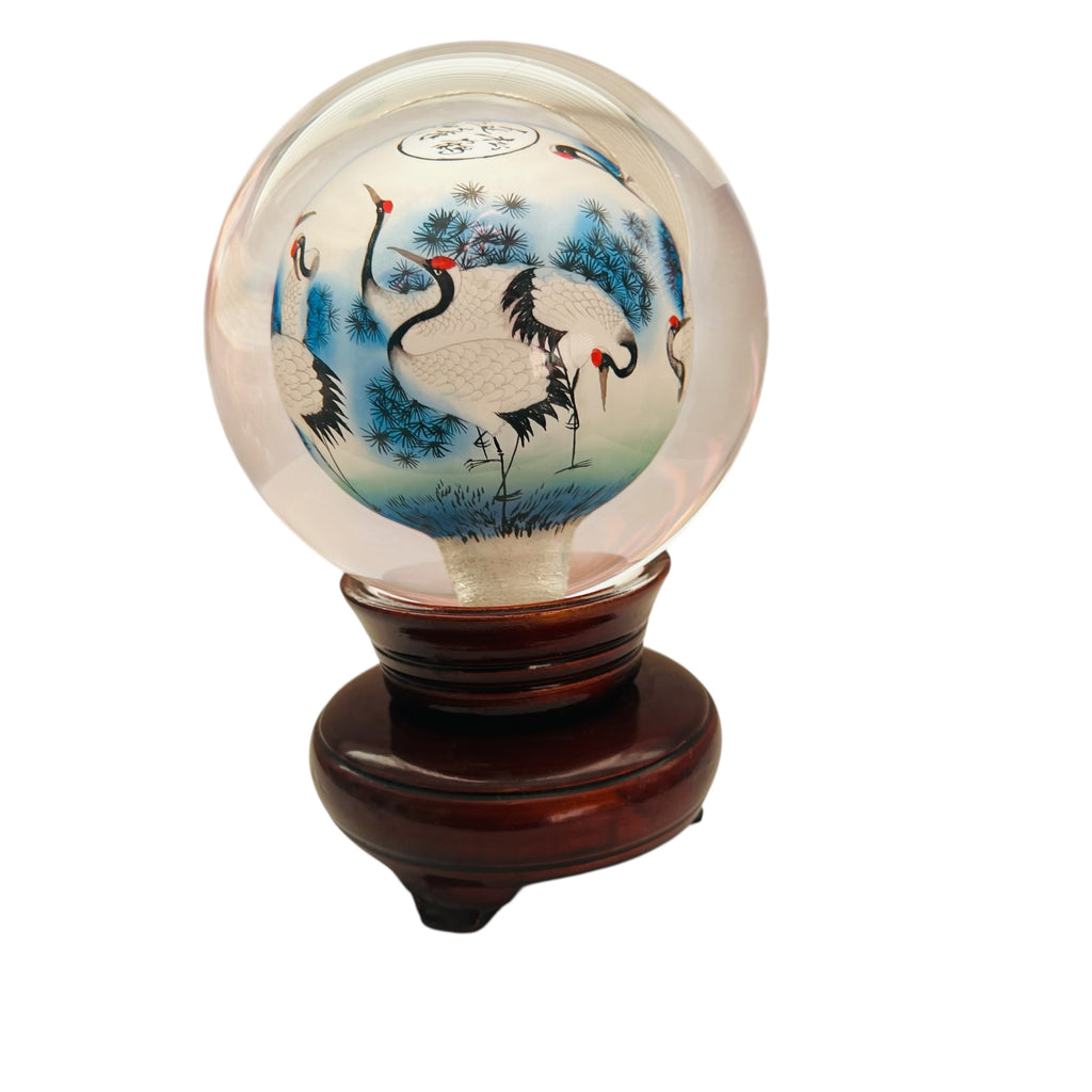 Vintage Chinese Asian Reverse Hand Painted Cranes Glass Orb On Wooden Stand