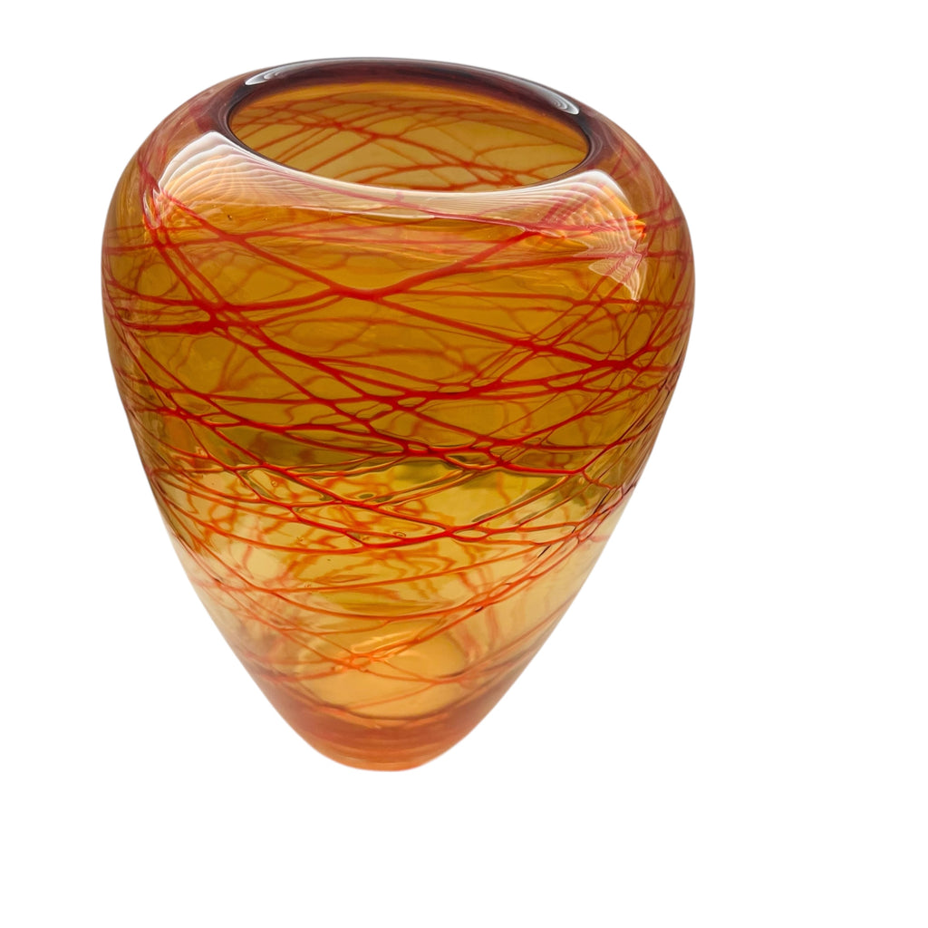 Vintage Hand Blown Amber Orange and Red Threaded Art Glass Vase
