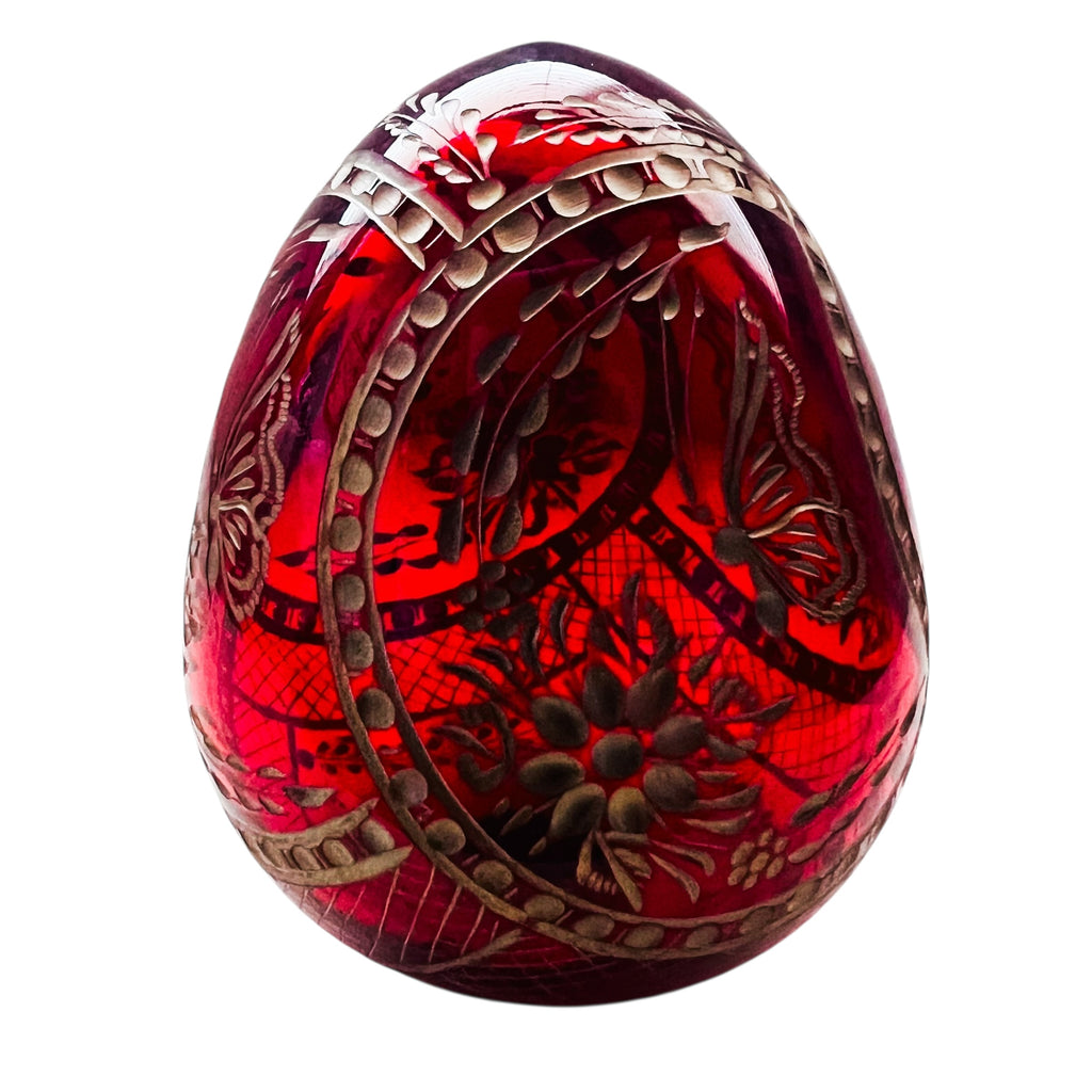 Vintage Faberge Style St. Petersburg Russia Ruby Red Etched Glass Egg