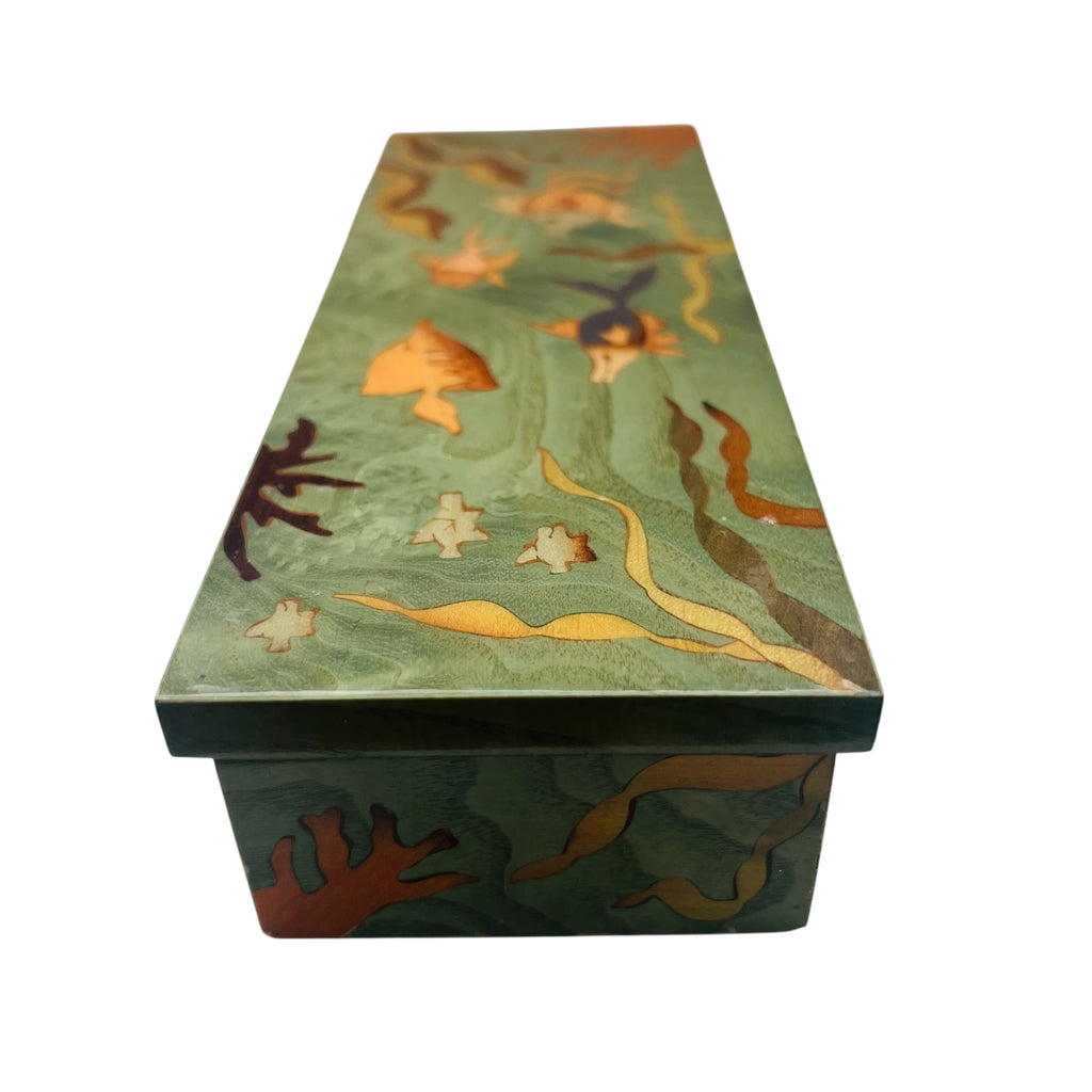 Vintage Hand-Painted Ocean Motif Wooden Lacquer Hinged Trinket Box
