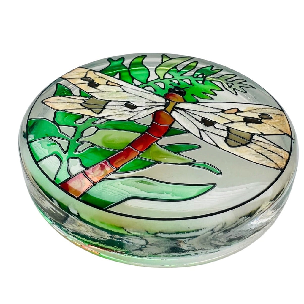 Stained Glass Dragonfly Round Paperweight