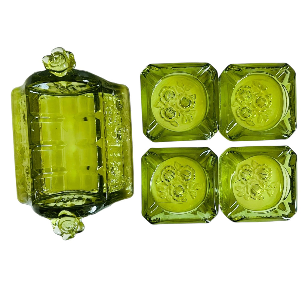 Vintage Fenton Green Glass Rose Flower Design Square Ashtray Set