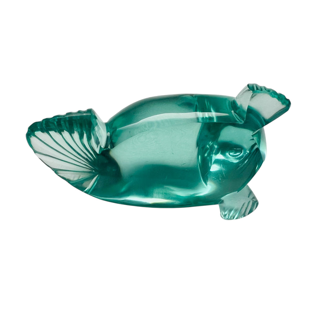 Vintage Green Etched Glass Seal Figurine Paperweight