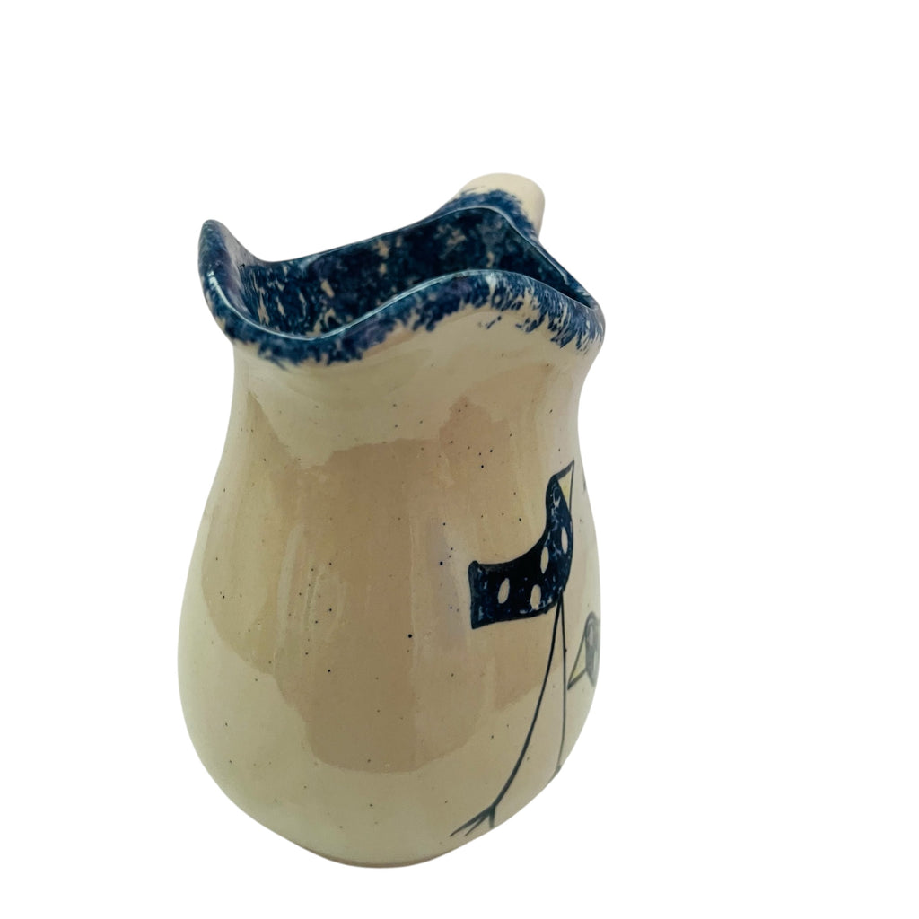 Three Bird Spongeware Handled Stoneware Pottery Pitcher
