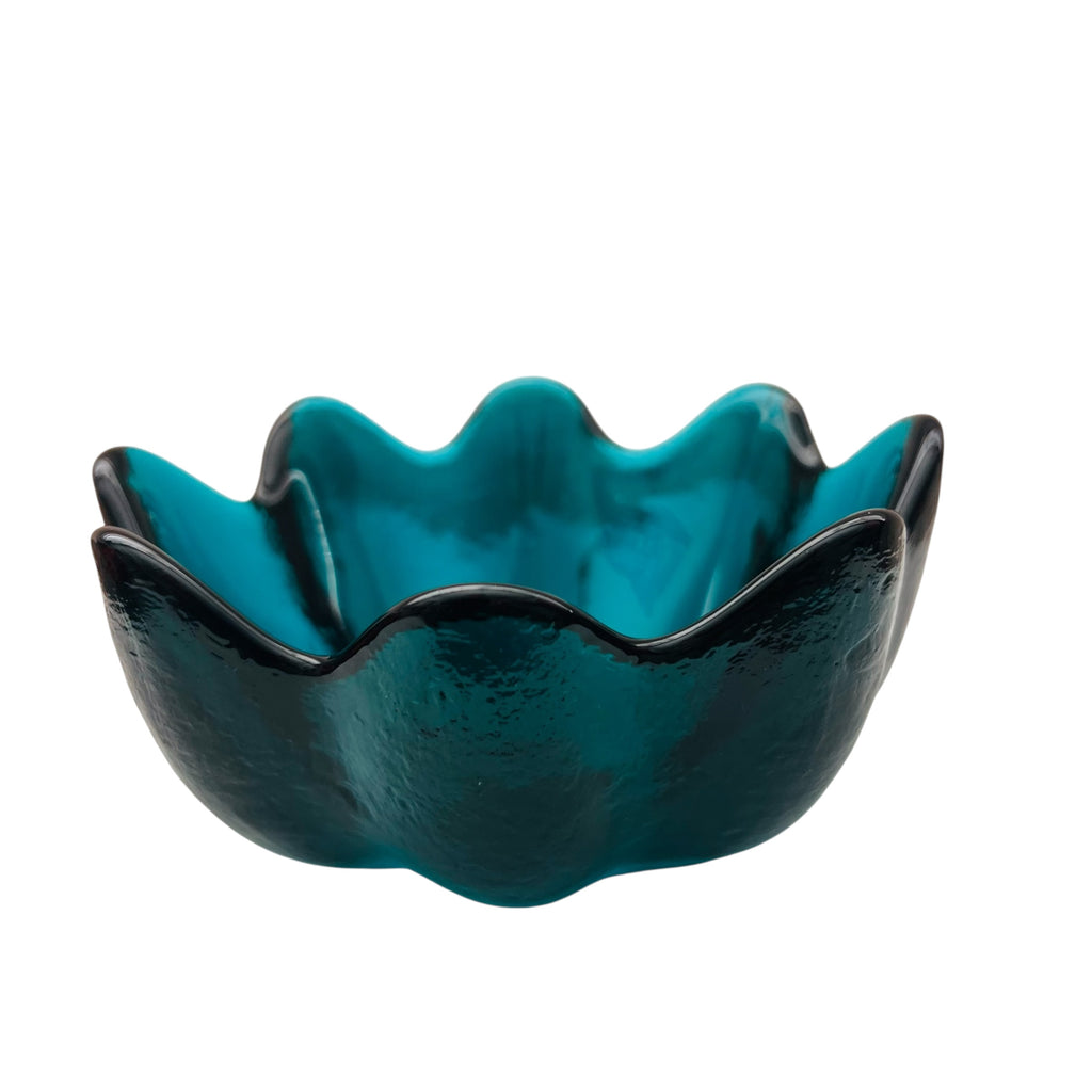 Vintage Blenko Art Glass Blue Lotus Flower Petal Bowl