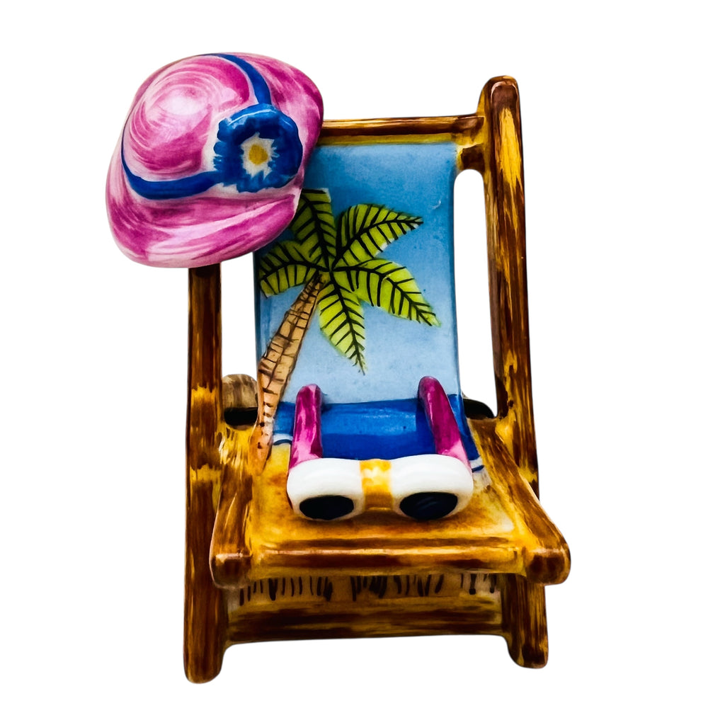 Limoges Rochard France Beach Chair with Palm tree and Pink Hat Box