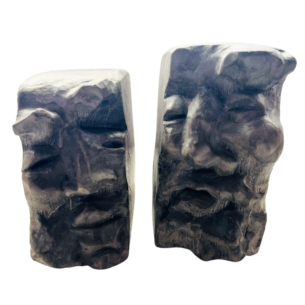 Vintage 1994 Eduardo Straugh Cast Stone Face Bookends -A Pair
