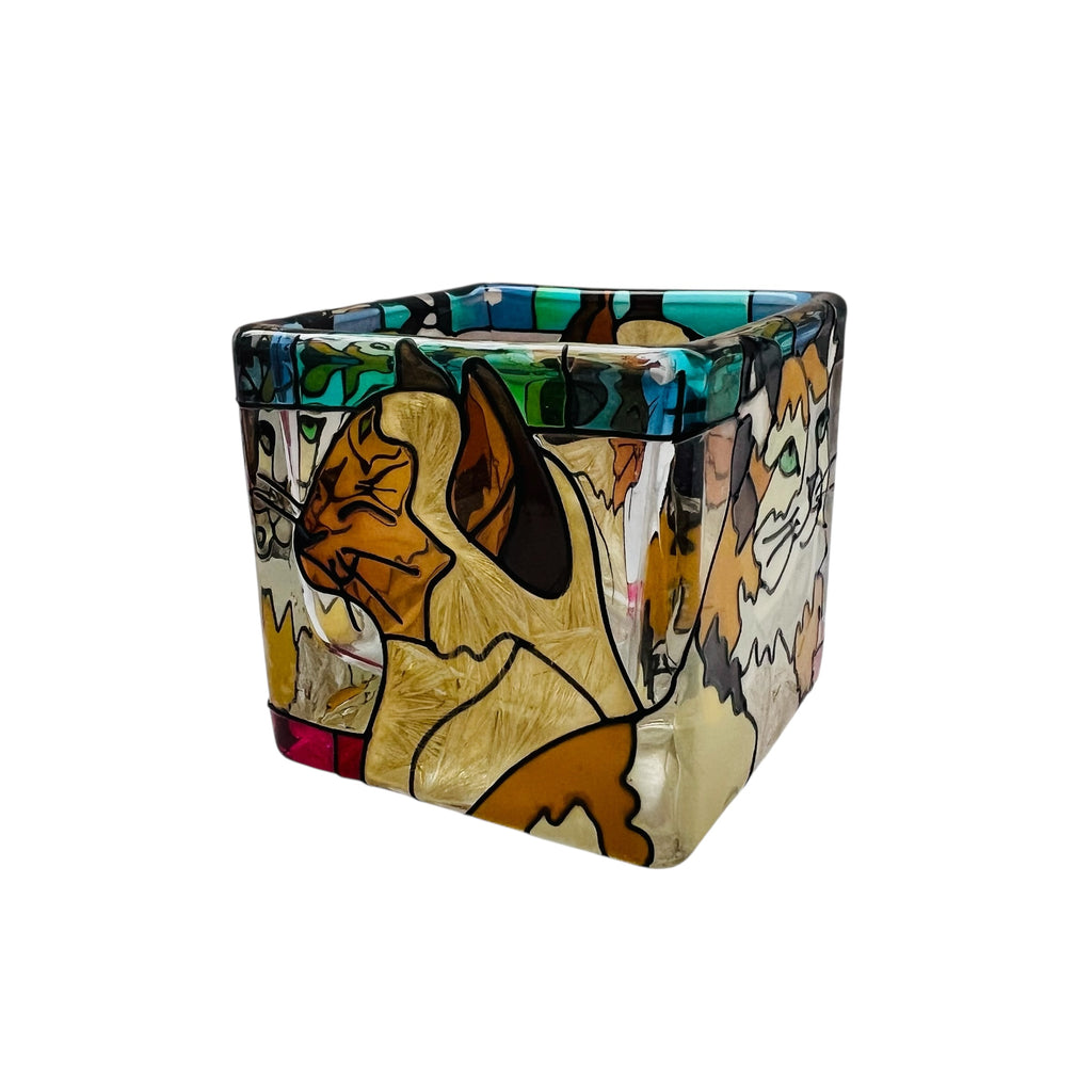 Vintage Stained Glass Tiffany Cats Tealight Candle Holder