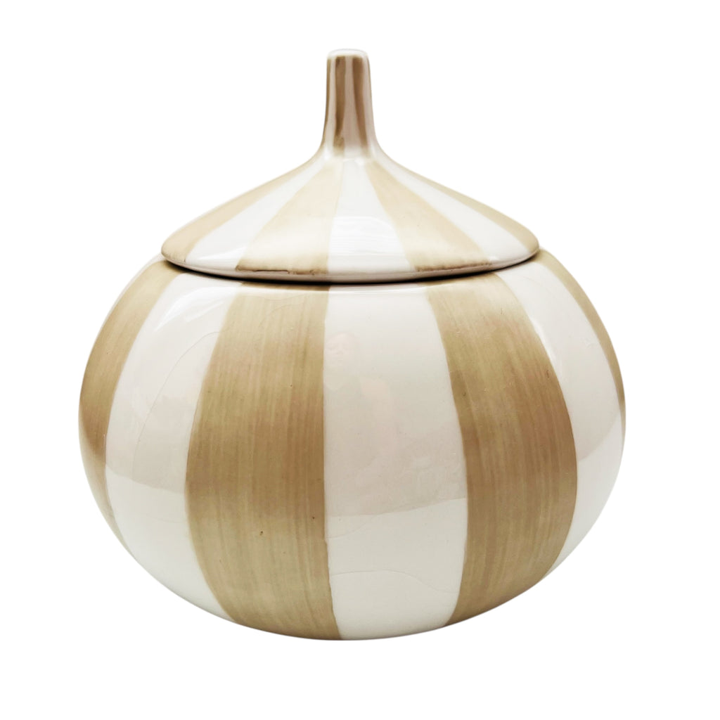 Jonathan Adler Happy Home Cream and Tan Ceramic Striped Jar w/Lid