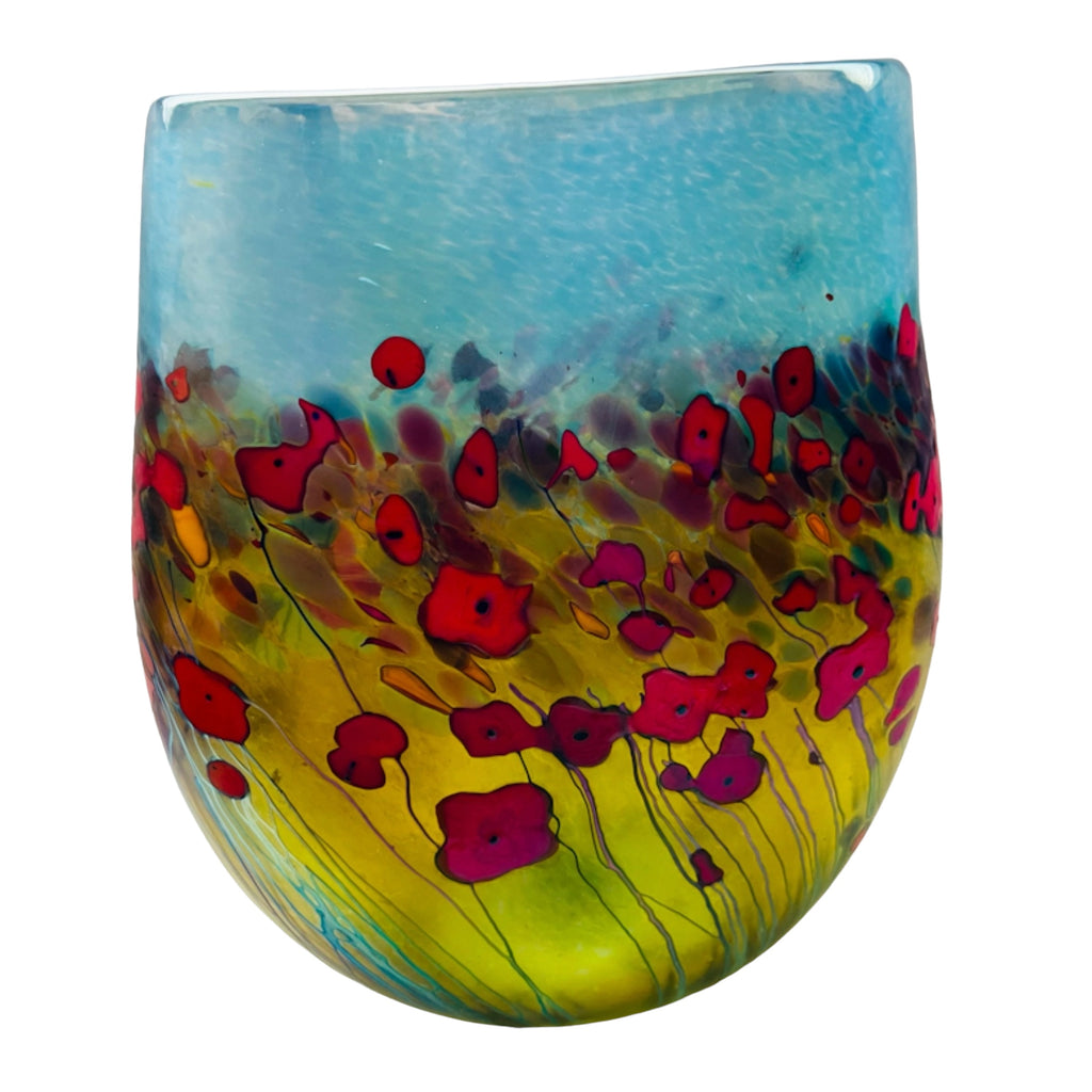 Robert Held Art Red Poppies Amber Blue Glass Signed Vase