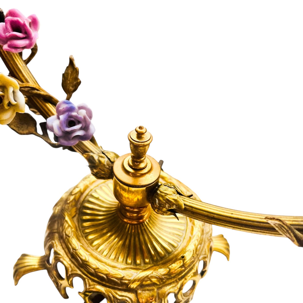 Vintage French Ormolu Porcelain Flowers Tole Toleware Boudoir Gold Circle Lamp