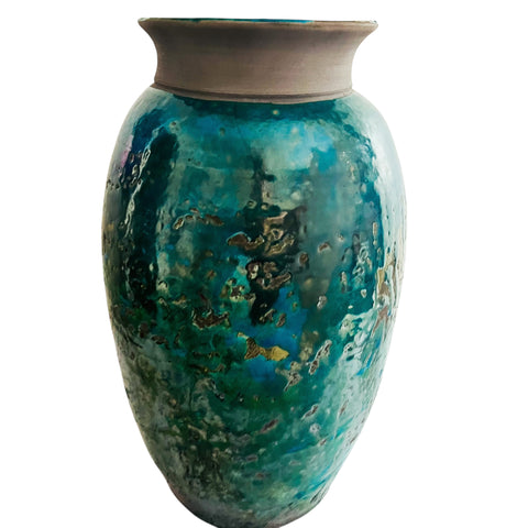 Vintage Scott Wilson Raku Blue-Green Ceramic Floor Vase