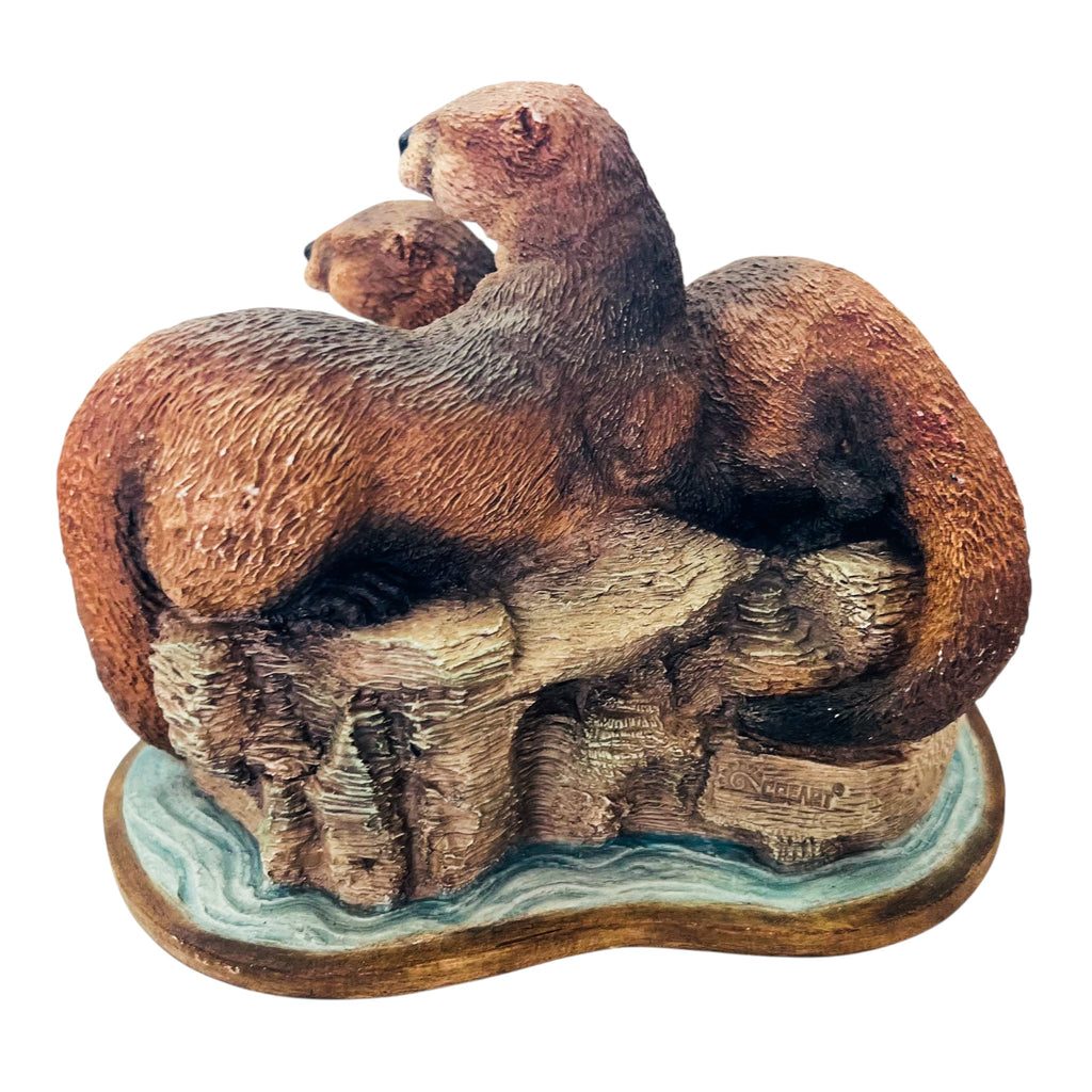 Vintage Otter Mother and Cub on Rocks Figure