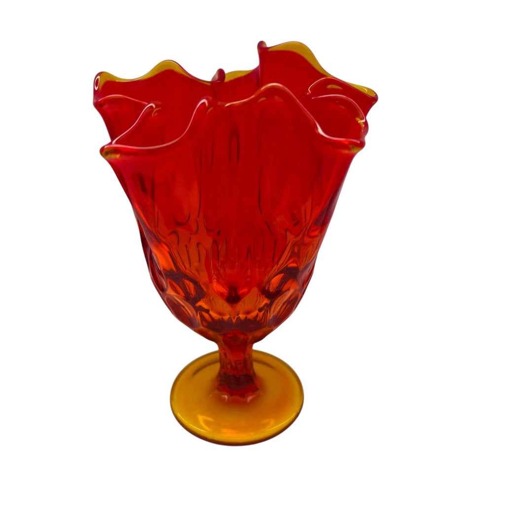 Vintage Fenton Thumbprint Orange Glass Pedestal Amberina Handkerchief Vase