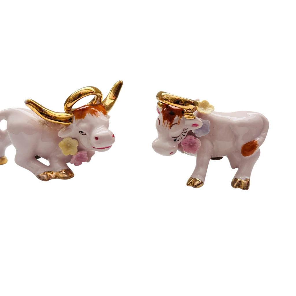 Vintage Bisque Long Horn Bull Angel Cow Applied Flowers Figurines