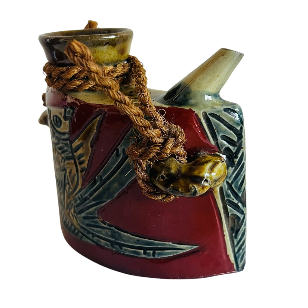 Vintage Japanese Tsuboya Ceramic Okinawan Pottery Hip Signed Fish Design Flask
