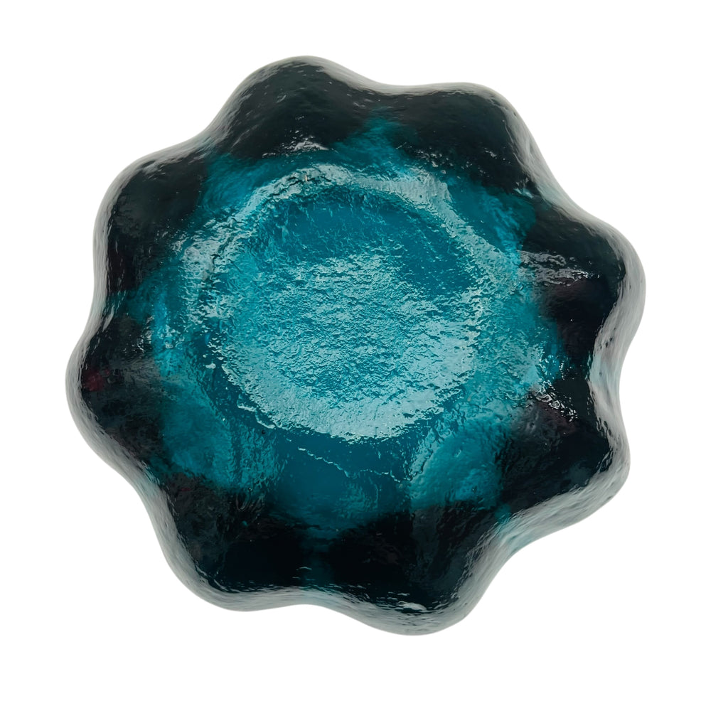 Vintage Blenko Art Glass Blue Lotus Flower Petal Bowl