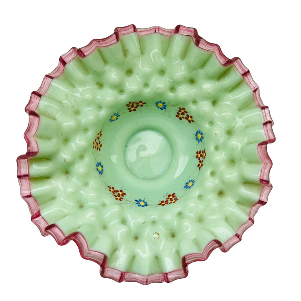 Antique Bridal Bowl With Holder St.Louis Silver Co Cased Glass Hand Painted Floral Design Ruffled Trim Basket